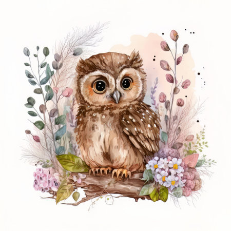 Watercolor forest cartoon isolated cute baby owl animal. Illustration Generative AIの素材