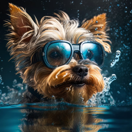 Yorkshire Terrier in sun goggles surf on blue water. Illustration Generative AIの素材