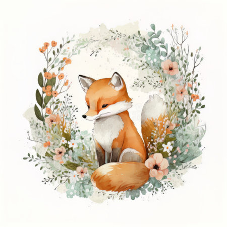 Watercolor forest cartoon isolated cute baby fox animal. Illustration Generative AIの素材