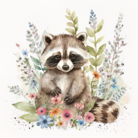 Watercolor forest cartoon isolated cute baby raccoon animal. Illustration Generative AIの素材