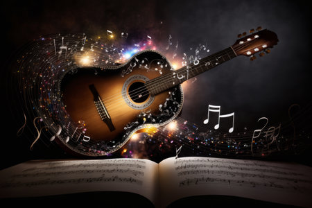 Festive background with guitar and musical notes. Illustration Generative AIの素材
