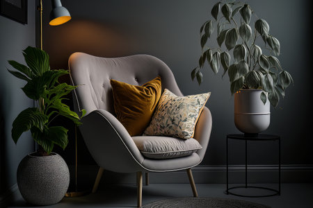 Armchair with pillow glowing lamp plant in pot ottoman. Illustration Generative AIの素材