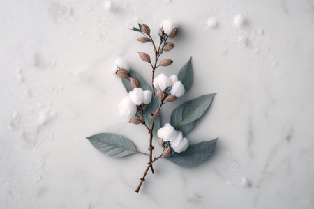 Cotton flower branch on white marble background. Illustration Generative AIの素材