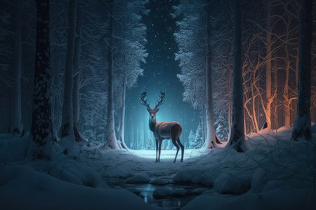Magic winter forest with deer and lights. Illustration Generative AIの素材
