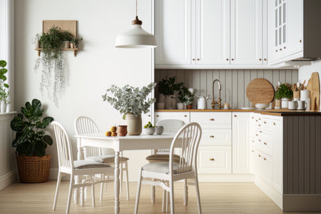 Scandinavian classic white kitchen with wooden details. Illustration Generative AIの素材