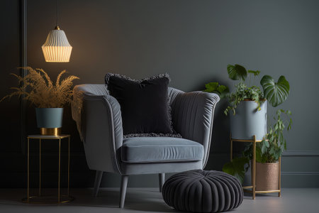 Armchair with pillow glowing lamp plant in pot ottoman. Illustration Generative AIの素材