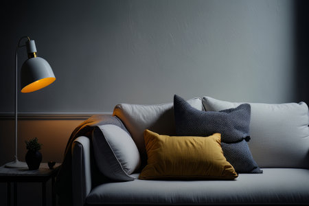 Couch with pillows glowing lamp on table at home on gray background. Illustration Generative AIの素材