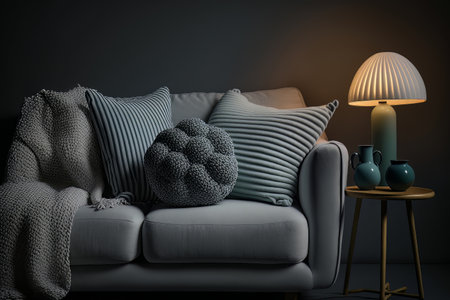 Couch with pillows glowing lamp on table at home on gray background. Illustration Generative AIの素材