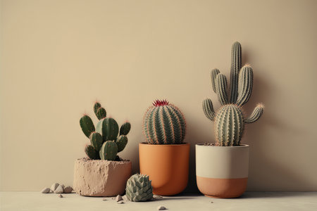 small cacti with a beige wall minimalist background. Illustration Generative AIの素材