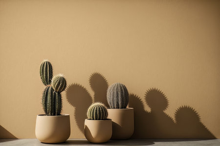 small cacti with a beige wall minimalist background. Illustration Generative AIの素材