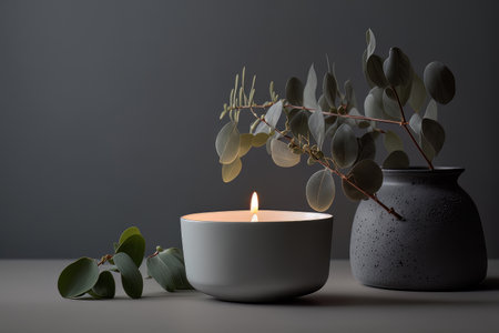 Eucalyptus leaf branch in white bowl and burning candle. Illustration Generative AIの素材