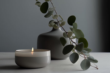 Eucalyptus leaf branch in white bowl and burning candle. Illustration Generative AIの素材