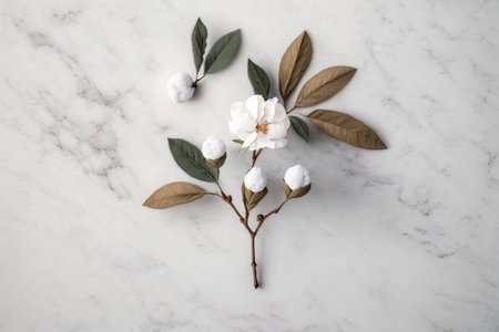 Cotton flower branch on white marble background. Illustration Generative AIの素材
