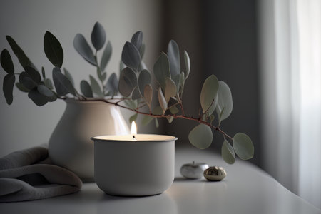 Eucalyptus leaf branch in white bowl and burning candle. Illustration Generative AIの素材