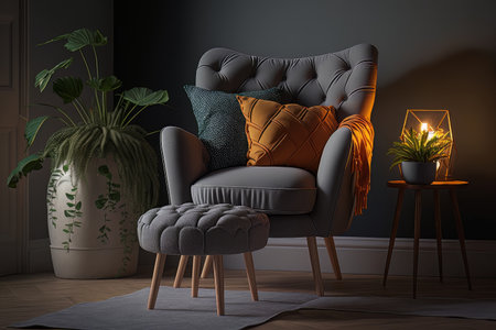 Armchair with pillow glowing lamp plant in pot ottoman. Illustration Generative AIの素材