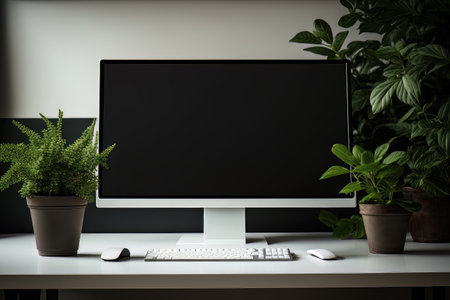 Mockup desktop computer display blank screen on desk. Illustration Generativeの素材
