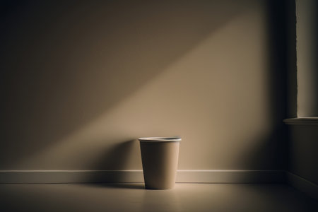photo coffee cup with a beige empty wall. Illustration Generative AIの素材