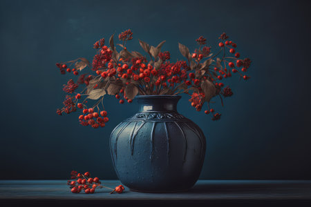 Small Bouquet of Red Flowers in Vintage Vase on Wood Table. Illustration Generative AIの素材