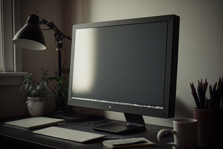 A desktop computer with a blank screen in a minimal. Illustration Generative AIの素材