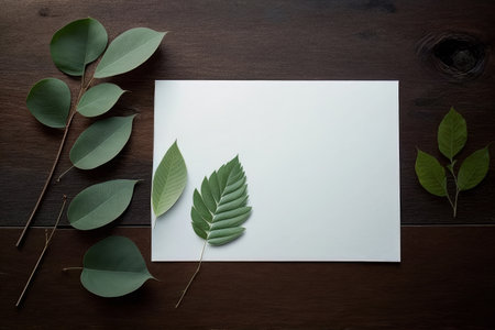 Blank paper sheet copy space with mockup and leaf. Illustration Generative AIの素材
