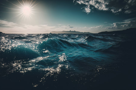 landscape of a wavy sea under the sunlight and a blue. Illustration Generative AIの素材