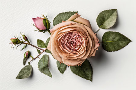 Top view of floral composition of beautiful pink rose. Illustration Generative AIの素材