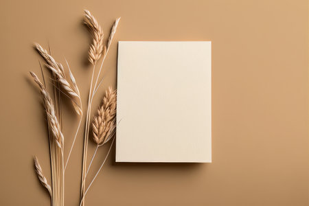White paper empty blank dried grass decoration on beige. Illustration Generative AIの素材