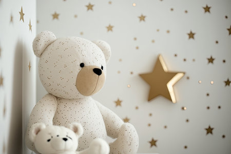 White wall with gold stars stickers and teddy bear in the interior. Illustration Generative AIの素材