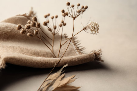 Dry plant on linen fabric background. Illustration AI Generative AIの素材