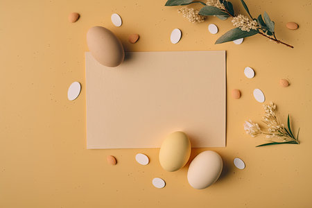 Happy Easter concept. Beige background with eggs. Illustration Generative AIの素材