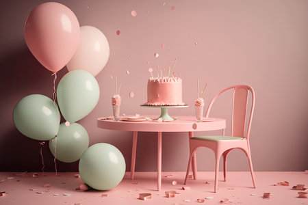 Pastel pink table with balloon frame and birthday confetti. Illustration Generative AIの素材