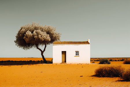 Lonely house in the desert with a tree. Illustration Generative AIの素材