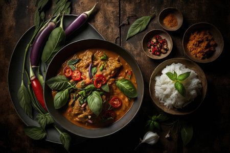 Spicy thai curry with pork meat served with rice Illustration Generative AIの素材