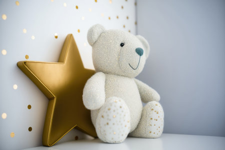 White wall with gold stars stickers and teddy bear in the interior. Illustration Generative AIの素材