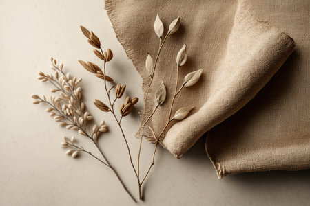 Dry plant on linen fabric background. Illustration AI Generative AIの素材