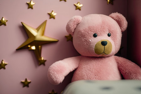 pink wall with gold stars stickers and teddy bear in the interior. Illustration Generative AIの素材