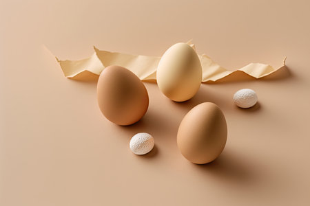 Happy Easter concept. Beige background with eggs. Illustration Generative AIの素材