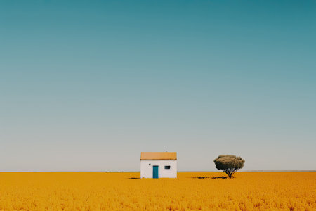Lonely house in the desert with a tree. Illustration Generative AIの素材