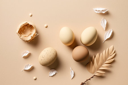 Happy Easter concept. Beige background with eggs. Illustration Generative AIの素材