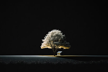 tranquil landscape with lighting pillar and nature. Illustration Generative AIの素材