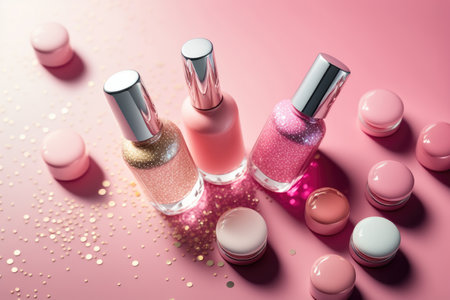 Trendy design template with nail polish glass bottles. Illustration Generative AIの素材
