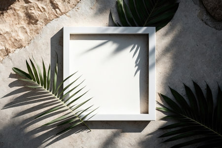 A minimalist white thin line makes a decorated square frame with palm leaves. Illustration Generative AIの素材