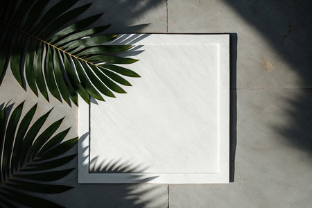 A minimalist white thin line makes a decorated square frame with palm leaves. Illustration Generative AIの素材