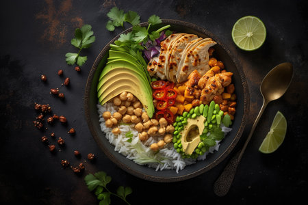 Grilled chicken rice spicy chickpeas avocado cabbage. Illustration Generative AIの素材