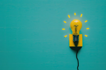 flat lay photo of yellow bulb on turquoise blue background. Illustration Generative AIの素材