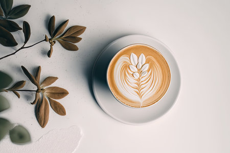 Flat white coffee flower latte art on white table. Illustration Generative AIの素材
