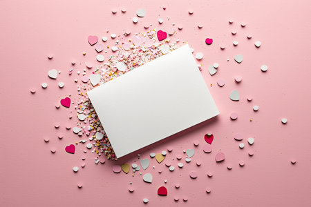 Blank paper card mock up on pink background with pink heart. Illustration Generative AIの素材