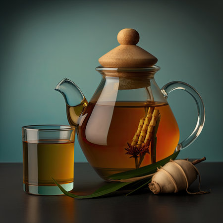 Glass teapot and cup containing lemongrass and ginger tea. Illustration Generative AIの素材