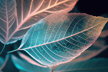 The texture of the transparent skeleton blue leaves . Illustration Generative AIの素材