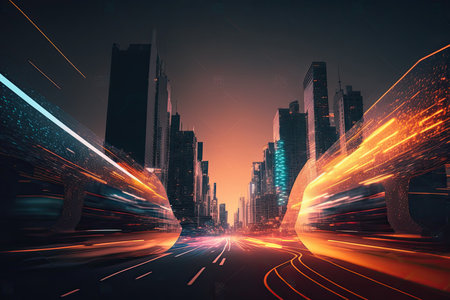 Abstract speed light flow through the city with gradient. Illustration Generative AIの素材